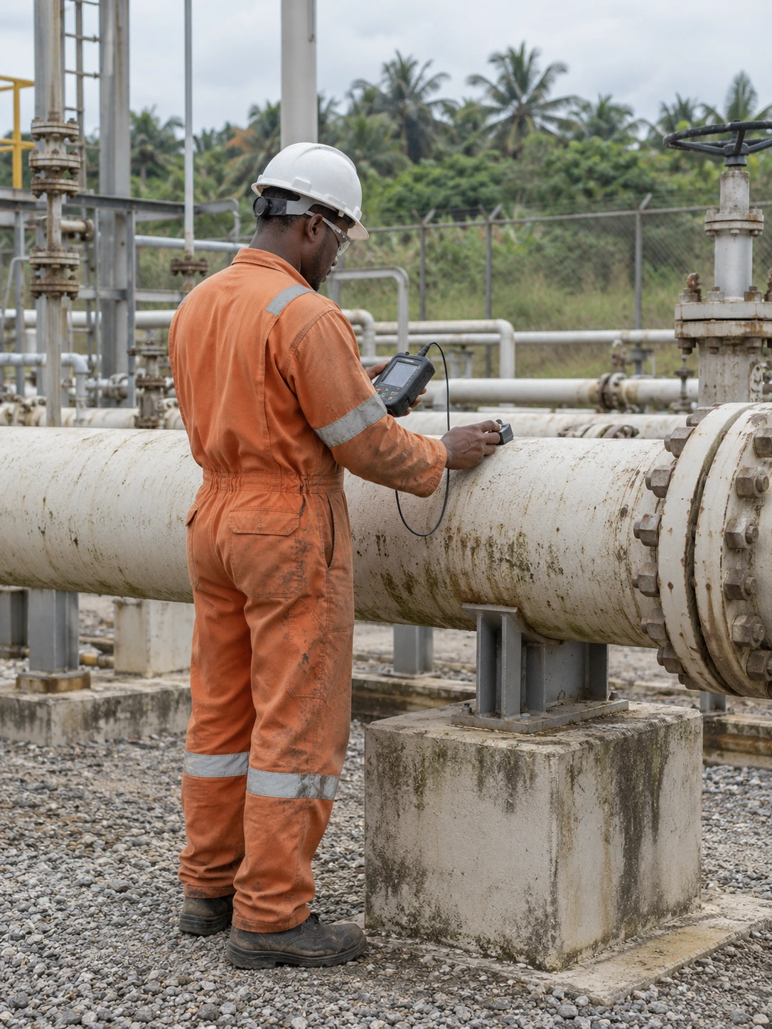 Pipeline integrity technician inspecting industrial pipework